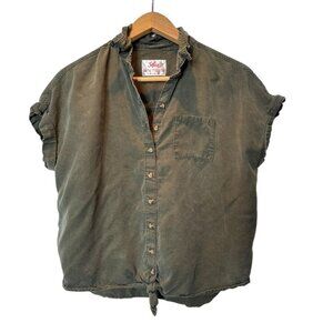 Justice Olive Green Button-Up Tie Hem Shirt | Girls Size 14/16 | Soft Washed Sho